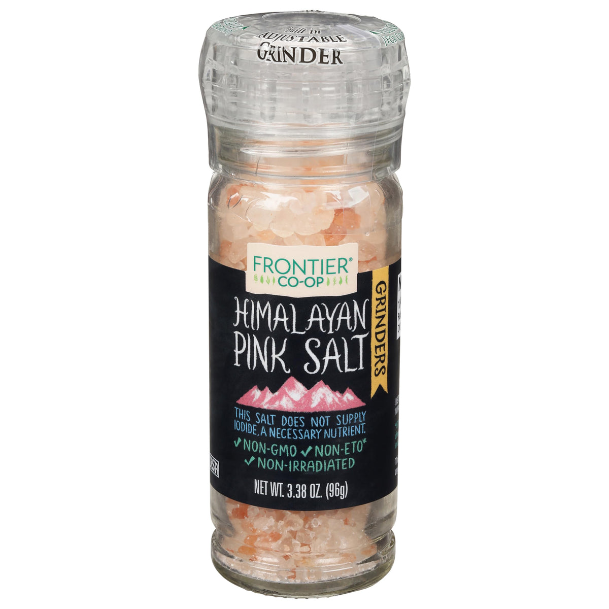 Frontier Co-op Pink Himalayan Salt Grinder on table with sleek, refillable design for gourmet seasoning