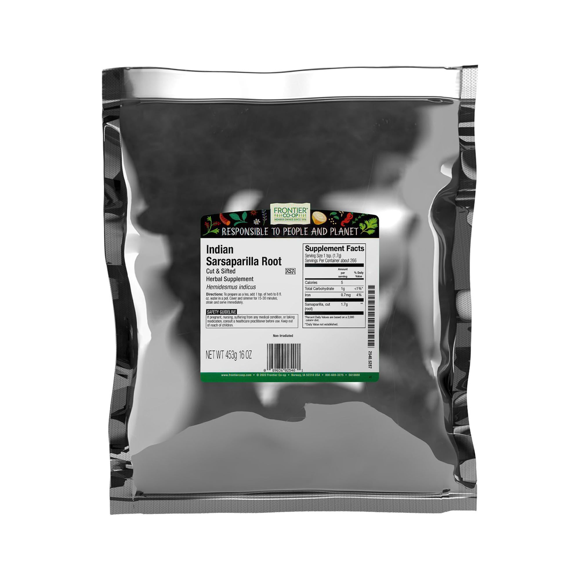 Frontier Co-op Sarsaparilla Root bulk bag for versatile beverage flavoring.