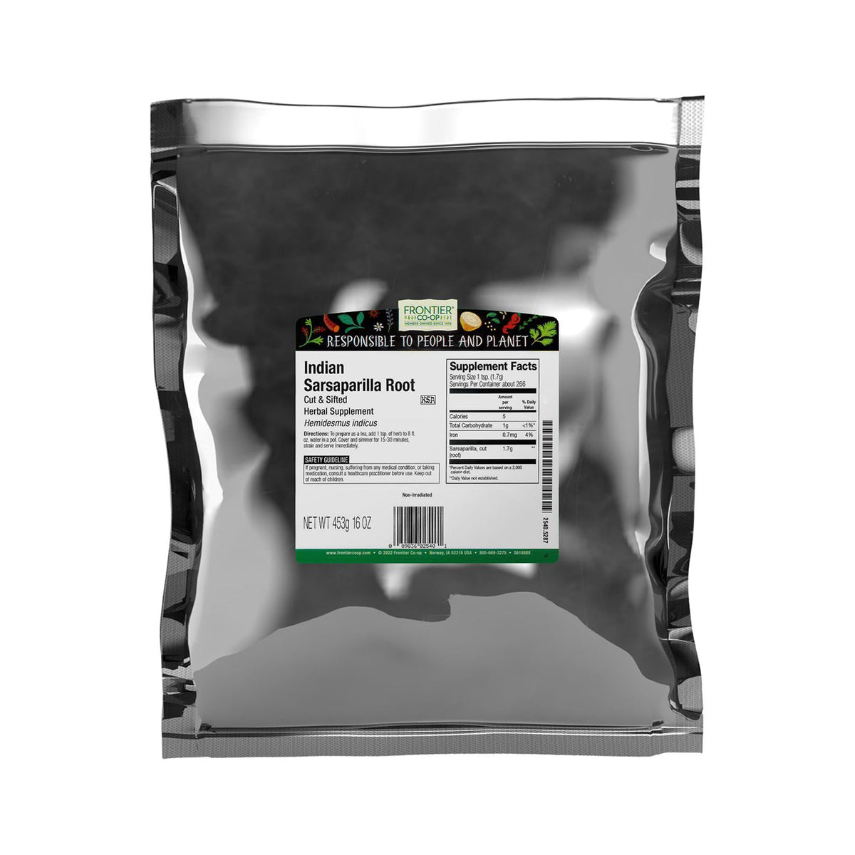 Frontier Co-op Sarsaparilla Root bulk bag for versatile beverage flavoring.