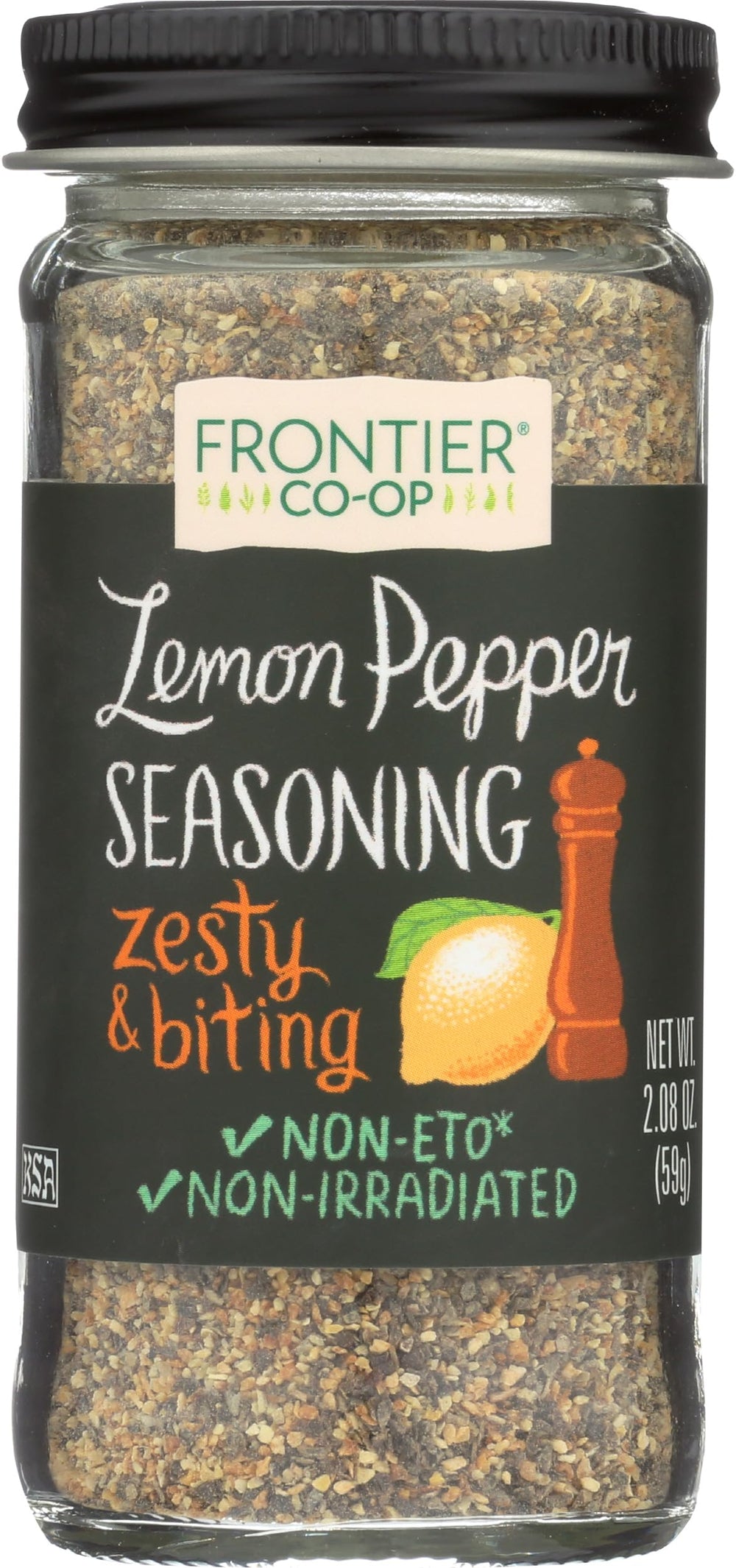 Frontier Seasoning Blends Salt-Free Lemon Pepper bottle ready to flavor meals.