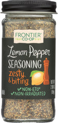 Frontier Seasoning Blends Salt-Free Lemon Pepper bottle ready to flavor meals.