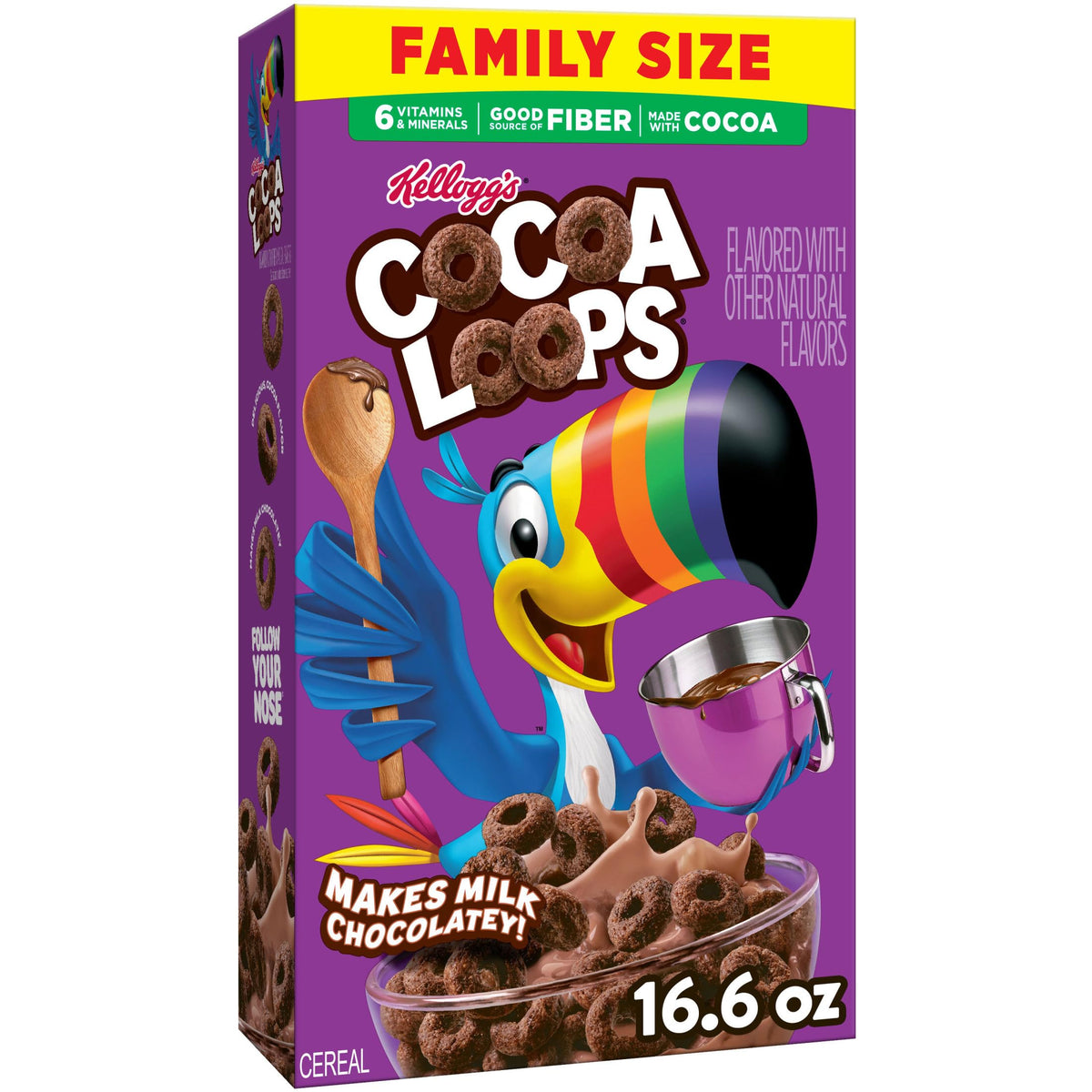 Froot Loops Cocoa Loops bowl pour with chocolatey milk for a tasty breakfast.