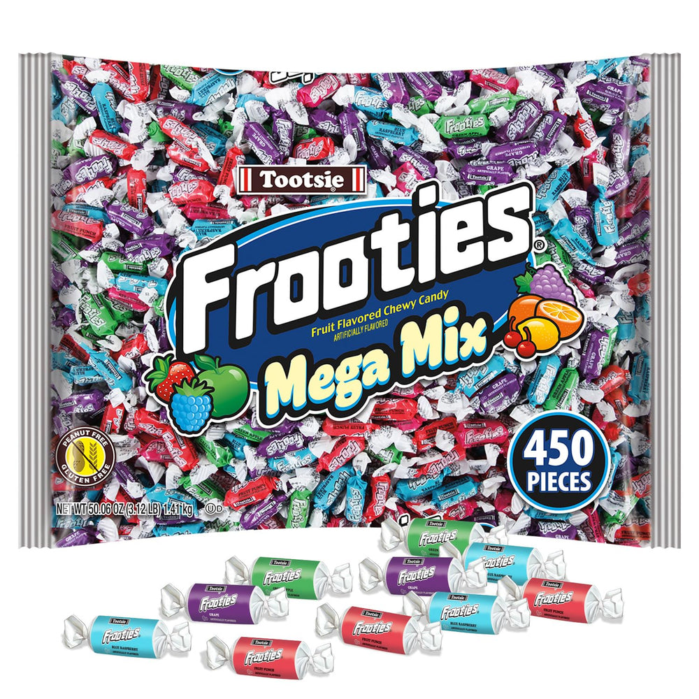 Frooties Mega Mix bag front label shows colorful fruit candies ideal for party favors.