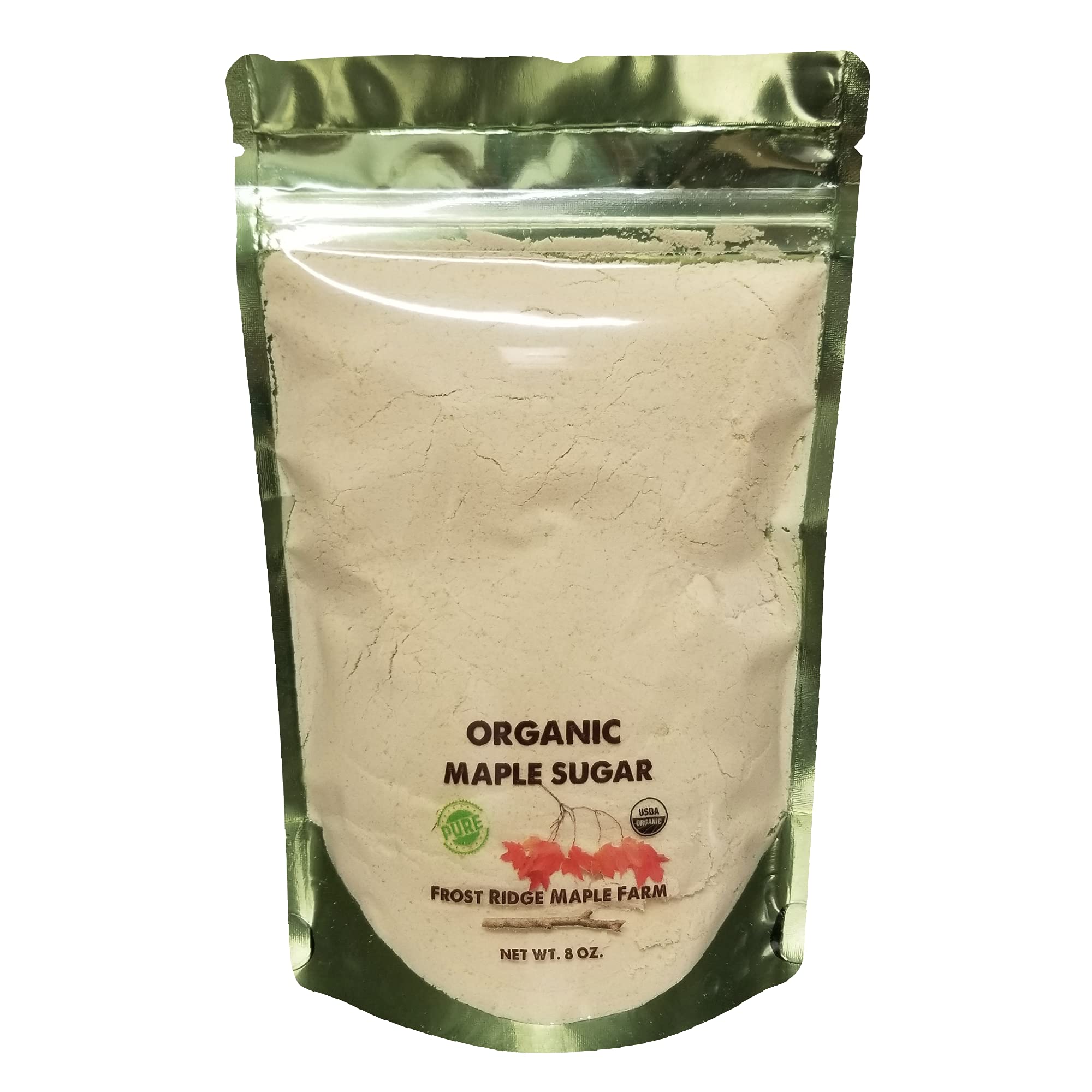 Frost Ridge Organic Maple Sugar 8oz packaging, premium quality for baking and topping.