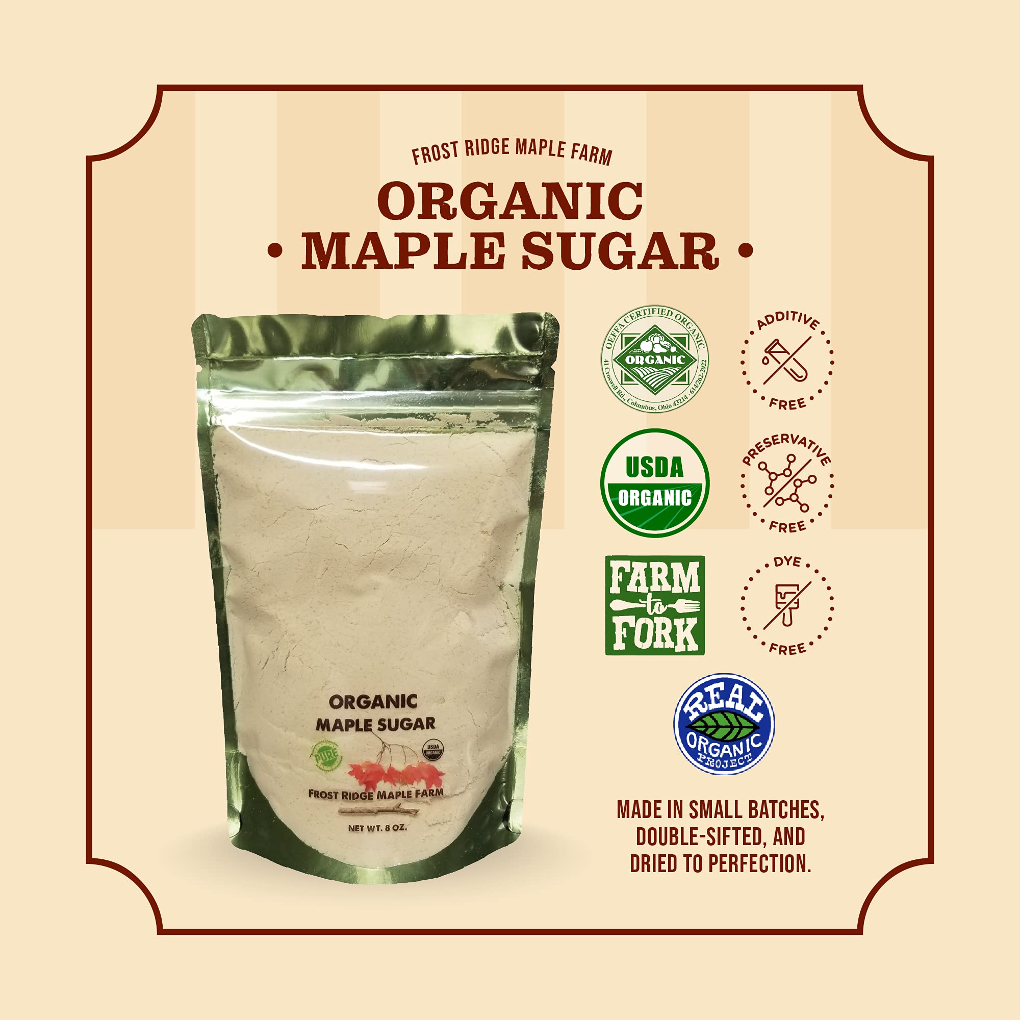 Frost Ridge Organic Maple Sugar label shows OEFFA and USDA Organic certification.