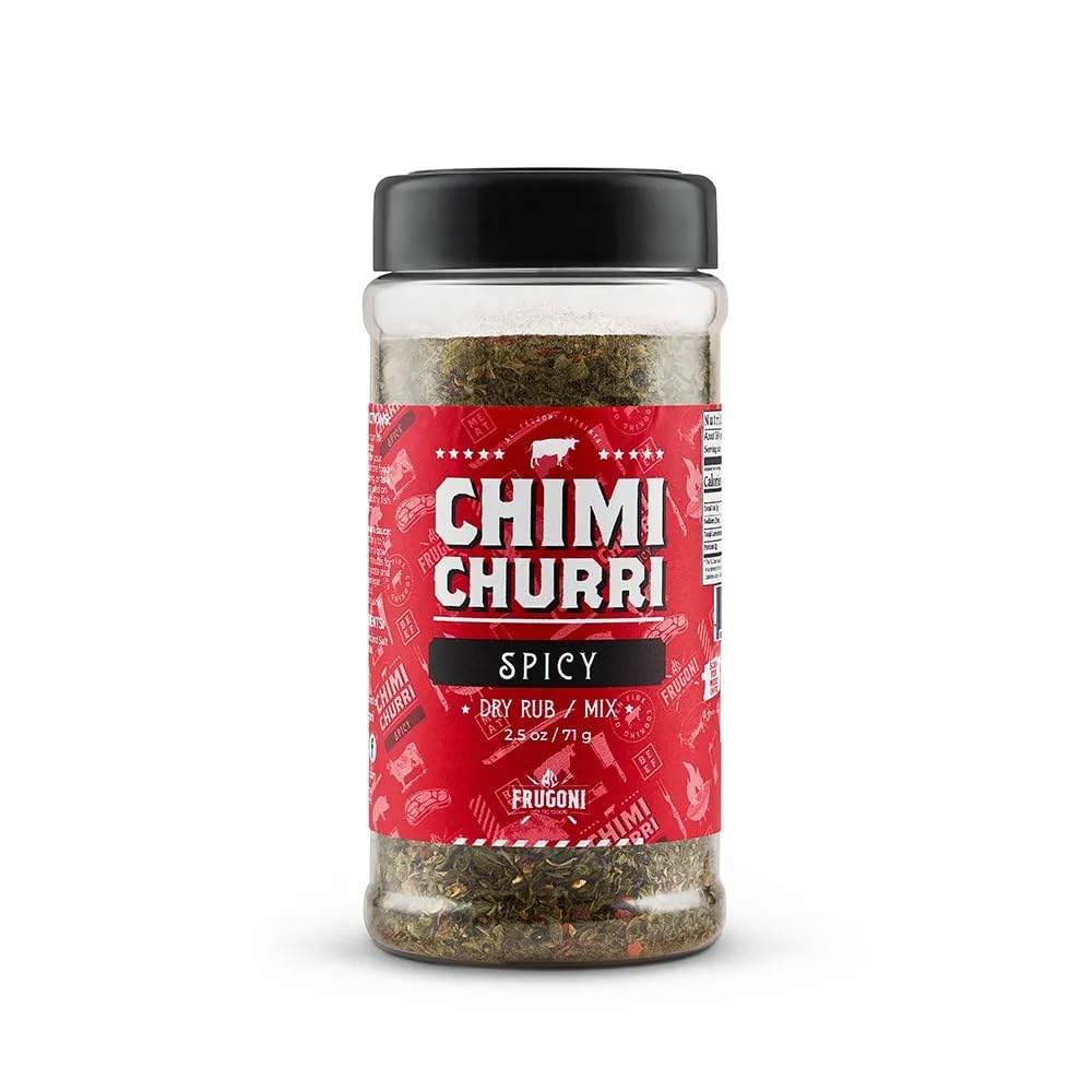 Frugoni Spicy Chimichurri bottle pouring onto grilled steak for bold flavor.
