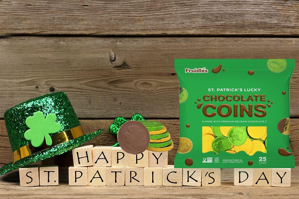 Fruidles Belgian milk chocolate coins offer premium taste in foil-wrapped packaging.