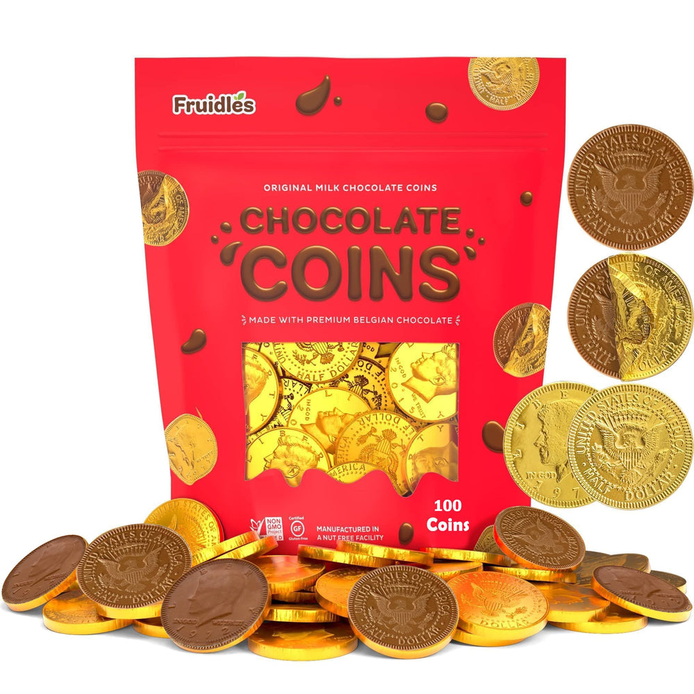 Fruidles gold half-dollar coins in foil 25-pack, ideal for party favors.