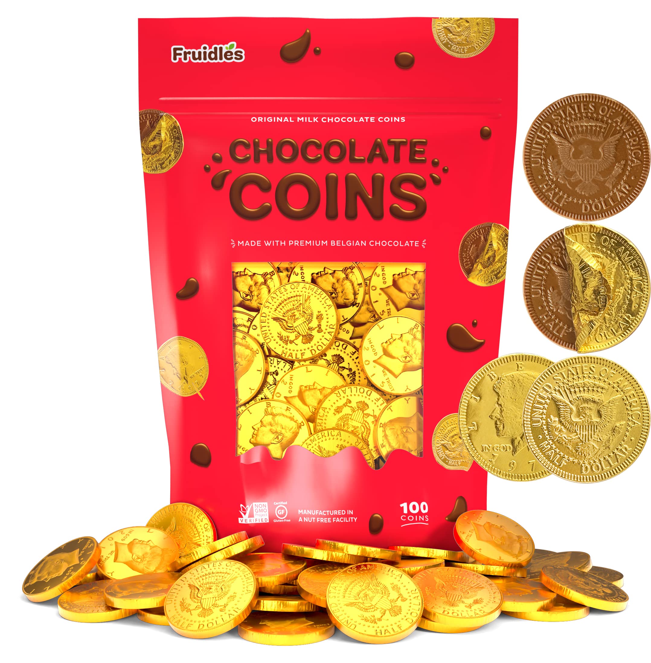 Fruidles gold half-dollar coins in goody bags for party favors.