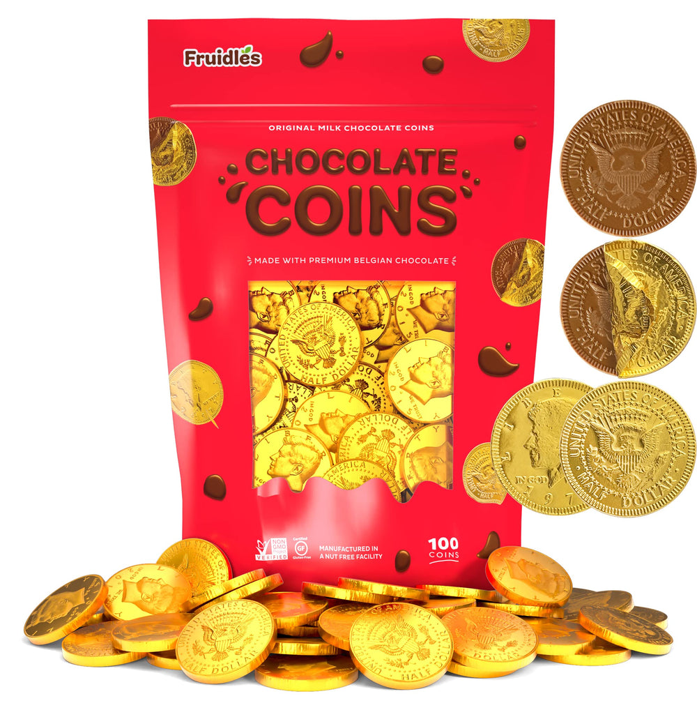 Fruidles gold half-dollar coins in goody bags for party favors.