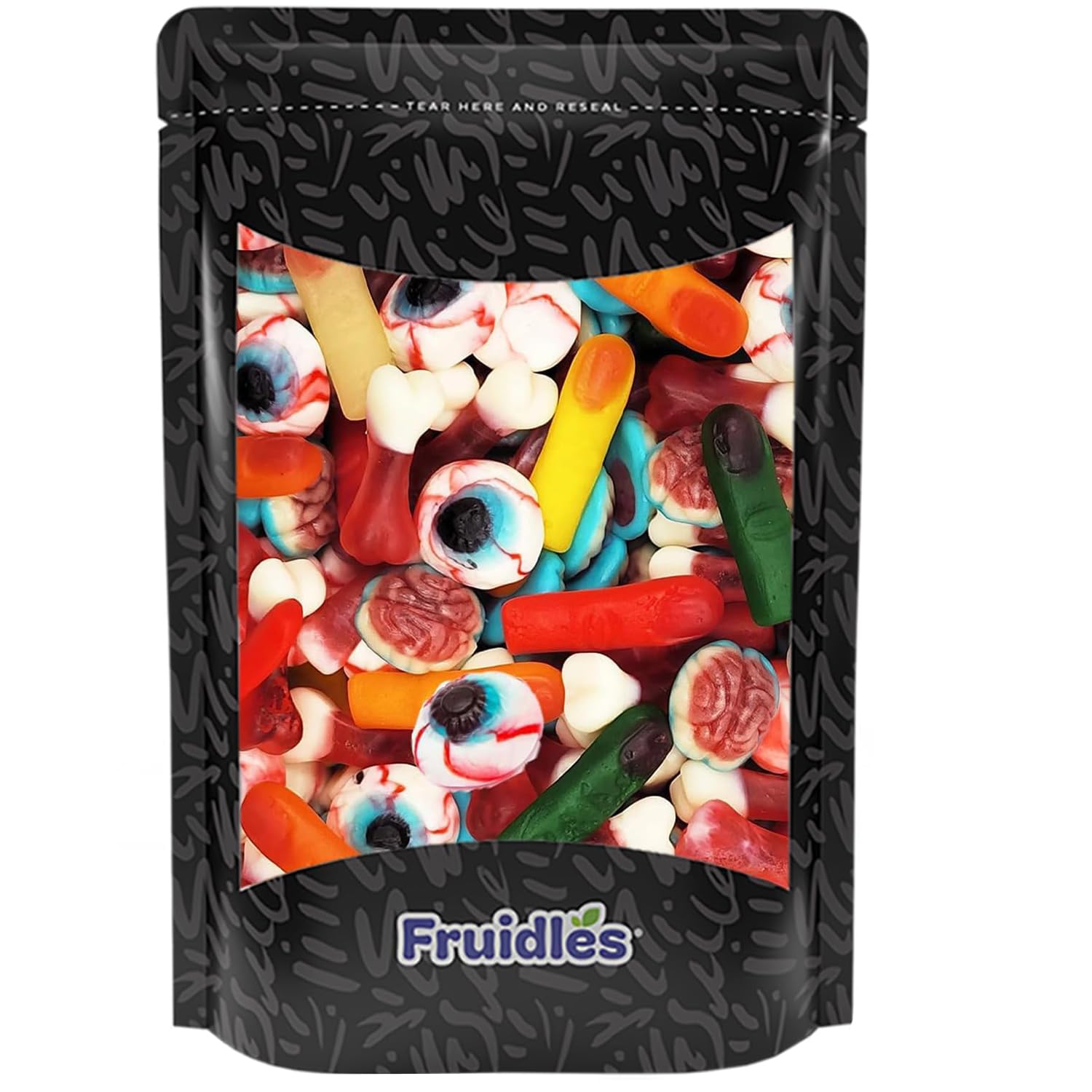 Fruidles Halloween Missing Body Parts gummies in a festive bag for party snacking and decorations.