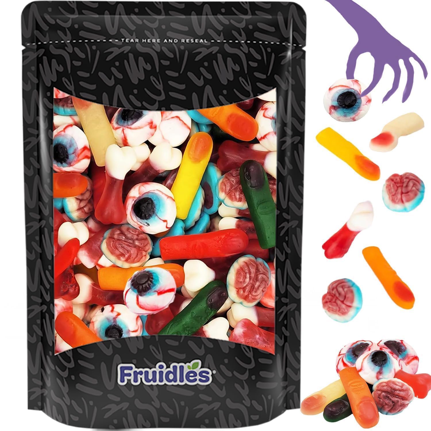Fruidles bones gummies arranged for festive Halloween party candy spread.
