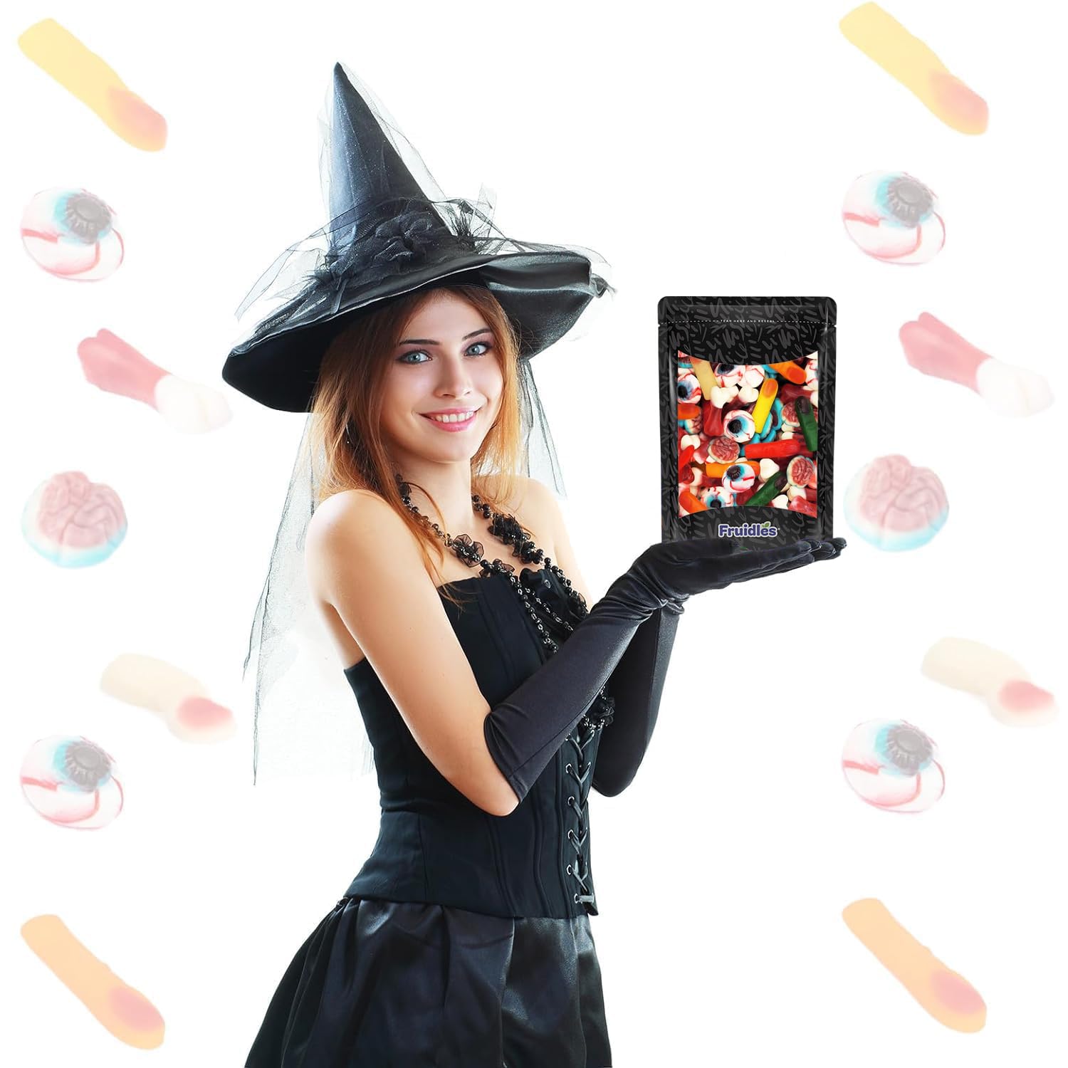 Fruidles Halloween gummies in a resealable bag for fresh party candy.