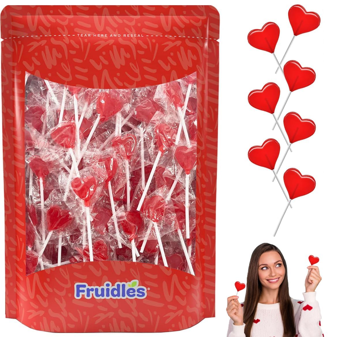 Fruidles mini red heart lollipops in bright strawberry flavor for shareable moments.
