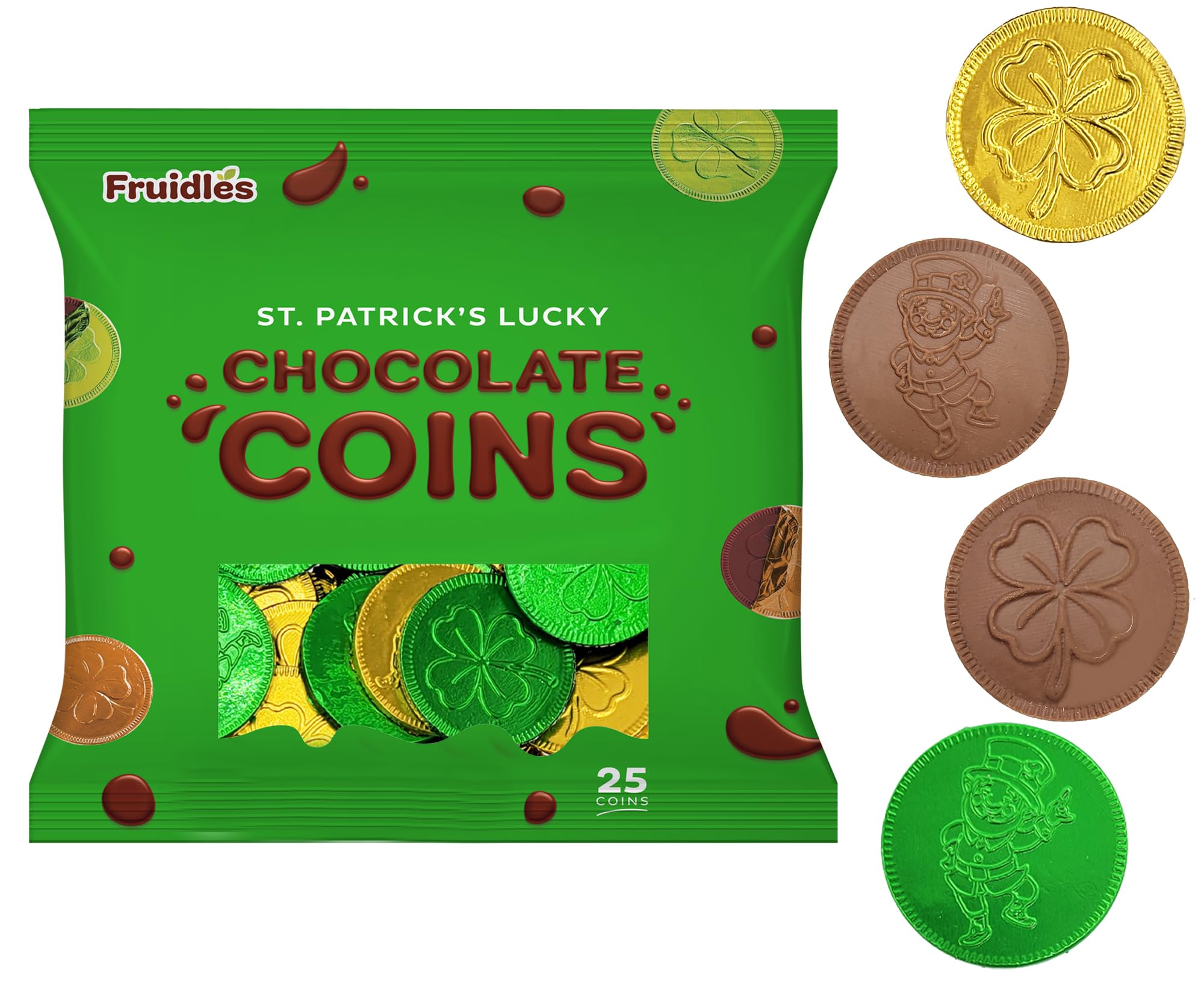 Fruidles milk chocolate coins close-up shows foil detail and smooth texture.