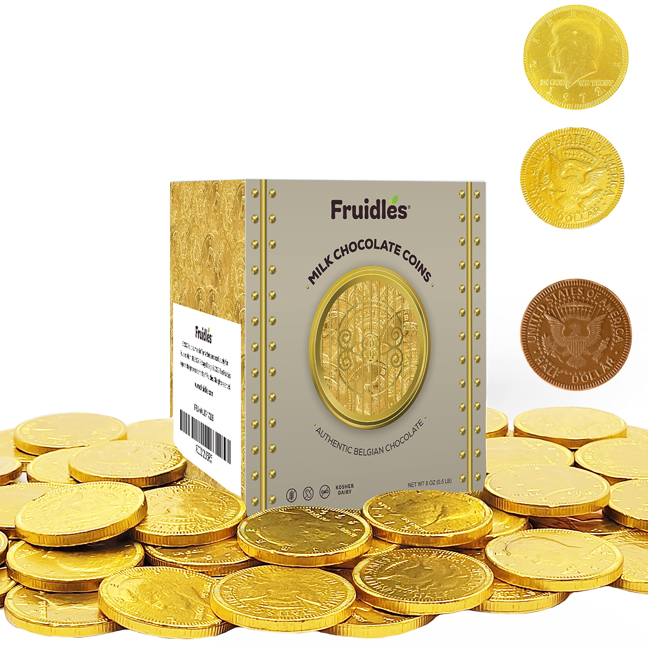 Fruidles milk chocolate gold coins in a nut-free vault box for festive gifting