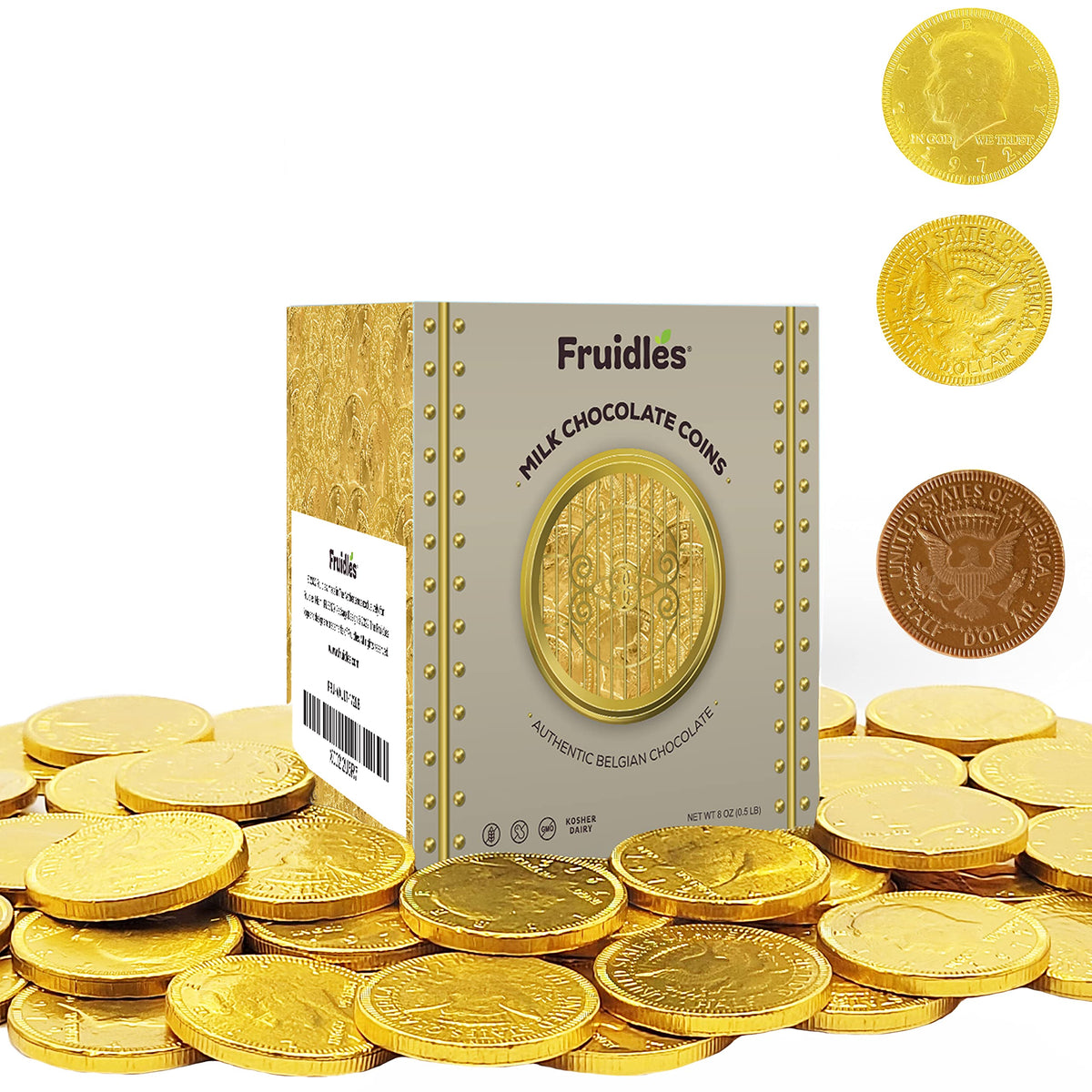 Fruidles milk chocolate gold coins in a nut-free vault box for festive gifting