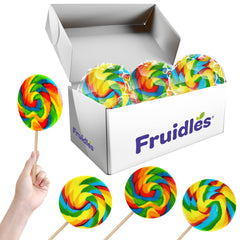 Close-up of Fruidles rainbow swirl lollipop highlighting vibrant fruit flavors