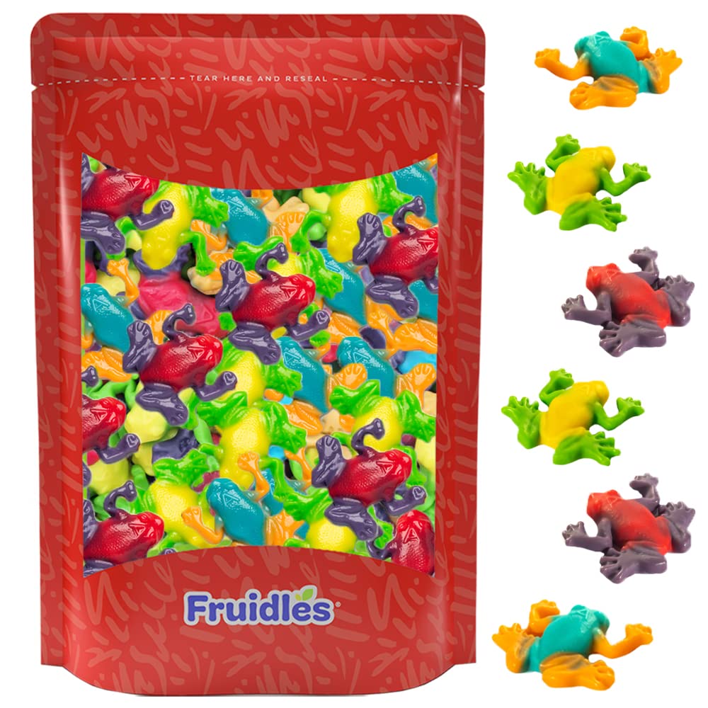 Fruidles Rainforest Gummi Frogs bag with vibrant fruits for a tasty, allergy-friendly snack.