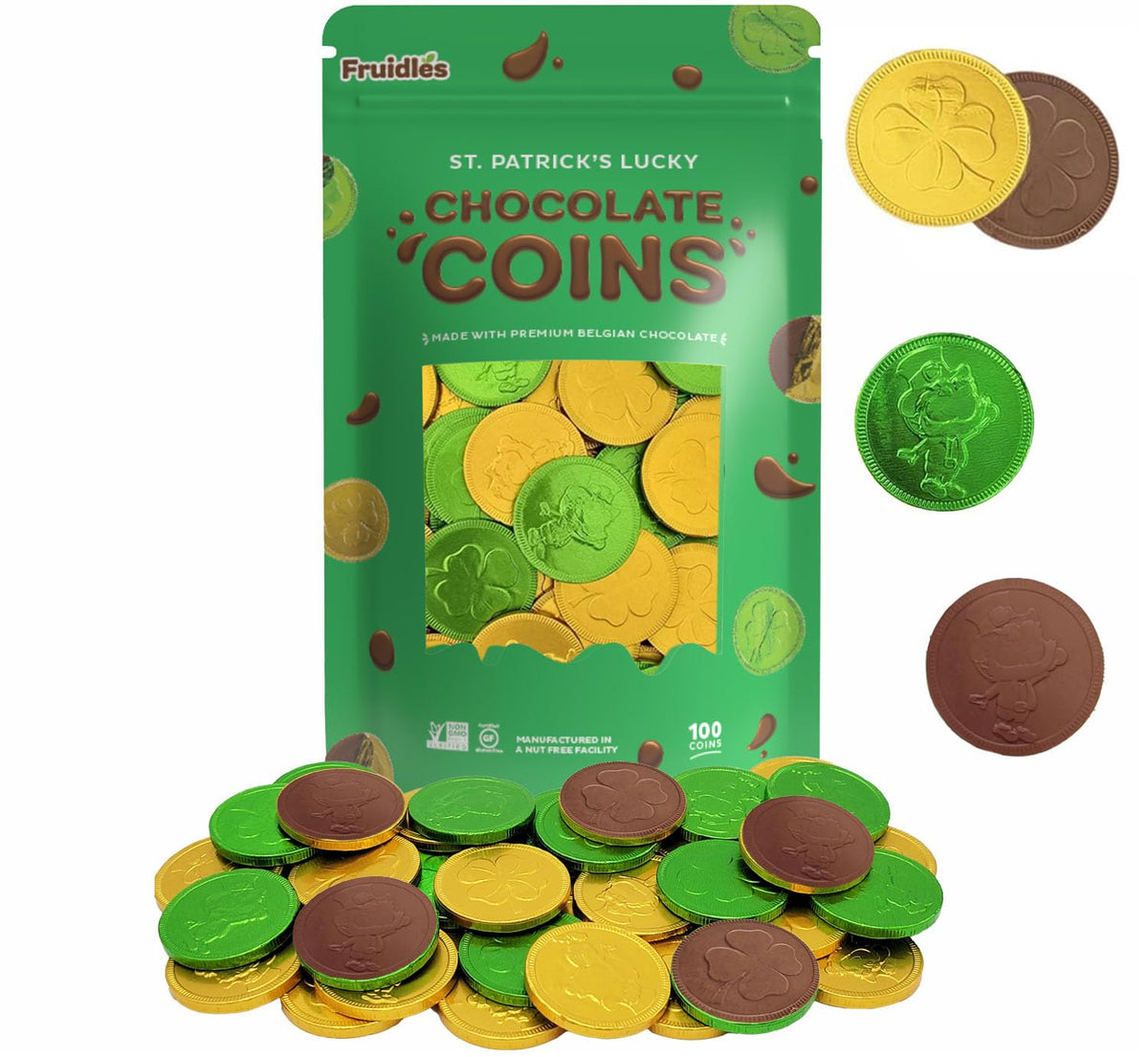 Fruidles St. Patrick's coins in gold and green foil wrappers for festive displays