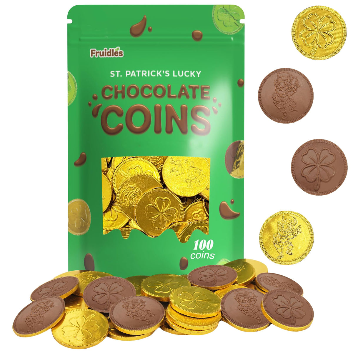 Fruidles St. Patrick's Day gold chocolate coins in foil pack, ideal for gifting.