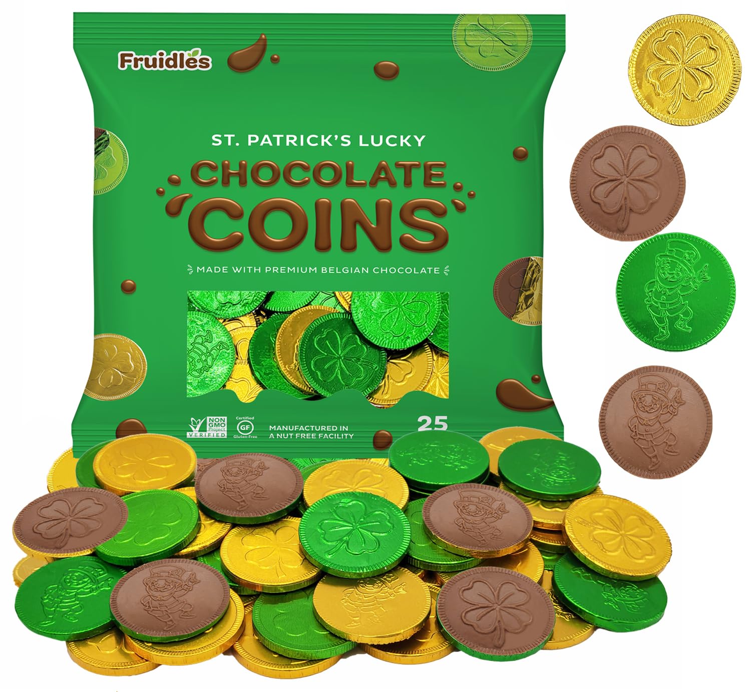 Fruidles St. Patrick's Day coins in foil wrap, perfect for festive decor and candy buffets.