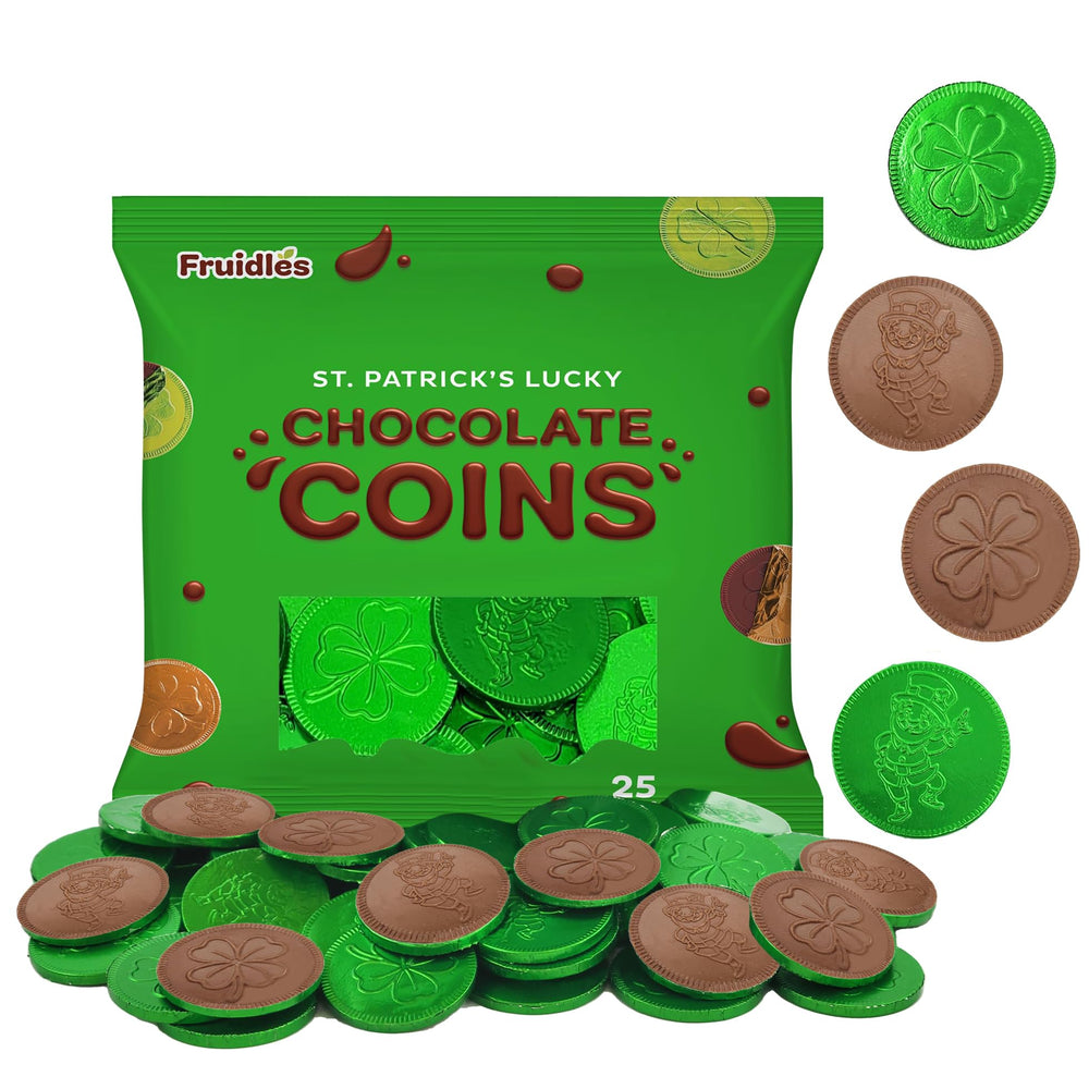 Fruidles St. Patrick's green coins foil-wrapped packaging for festive decor.