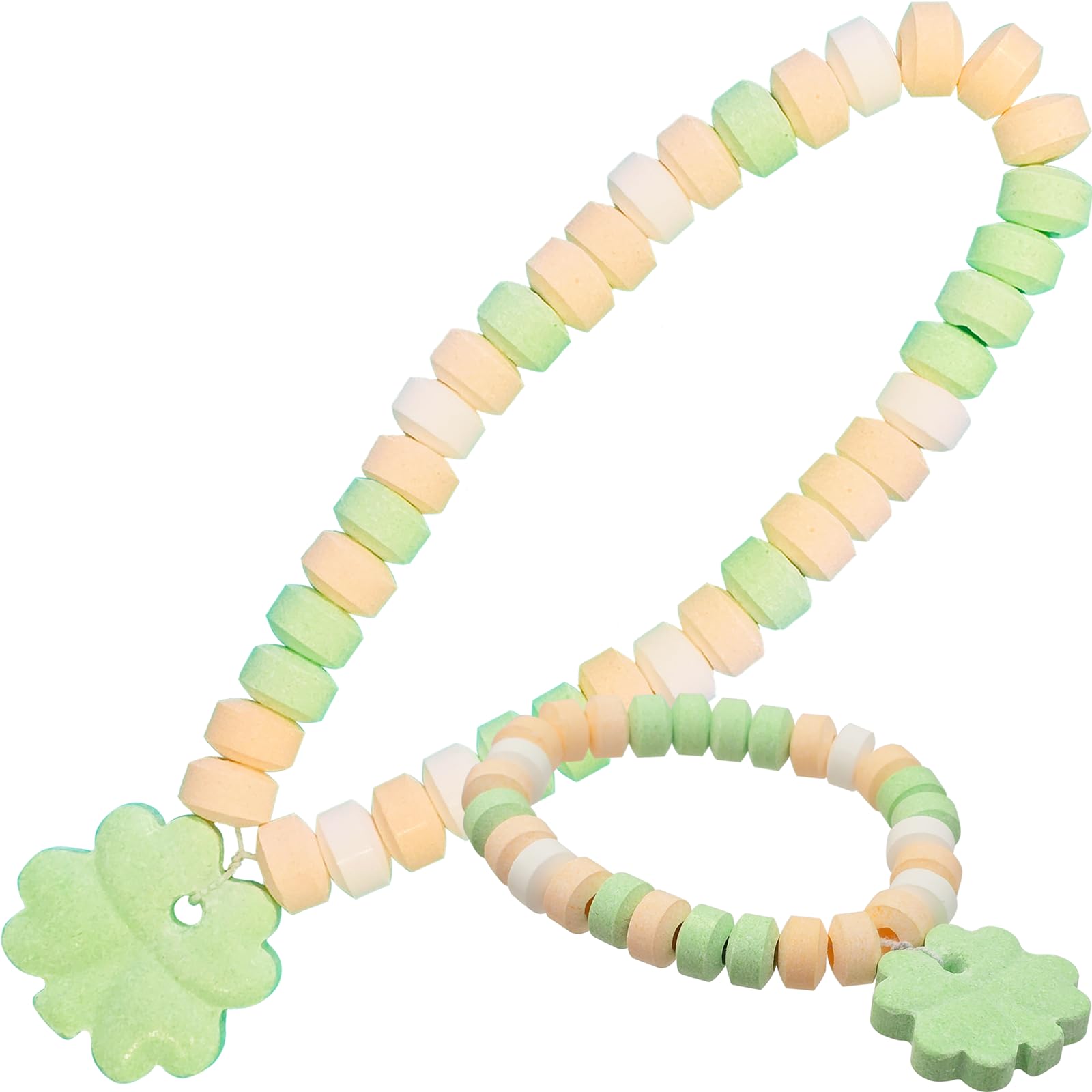 Fruidles St Patrick's shamrock bracelet with pastel beads, ideal for kids' party favors and imaginative play.
