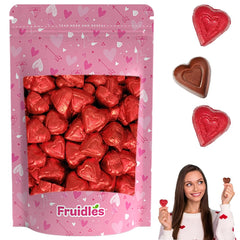 Fruidles Valentine milk chocolate hearts in red foil, ideal for gifting and sharing.