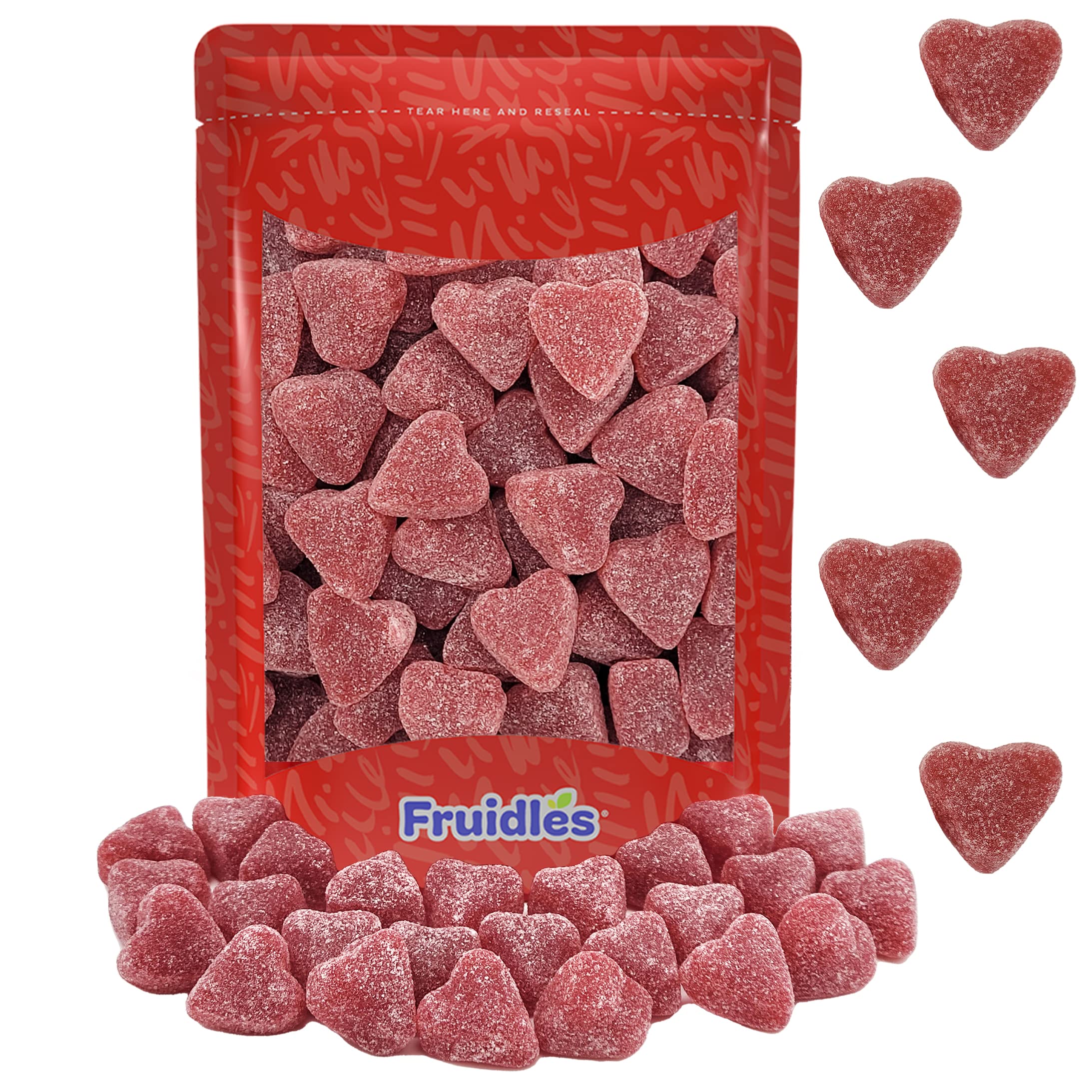 Fruidles coated cinnamon jelly hearts in a gift-ready bag.