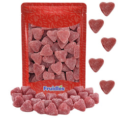 Fruidles coated cinnamon jelly hearts in a gift-ready bag.