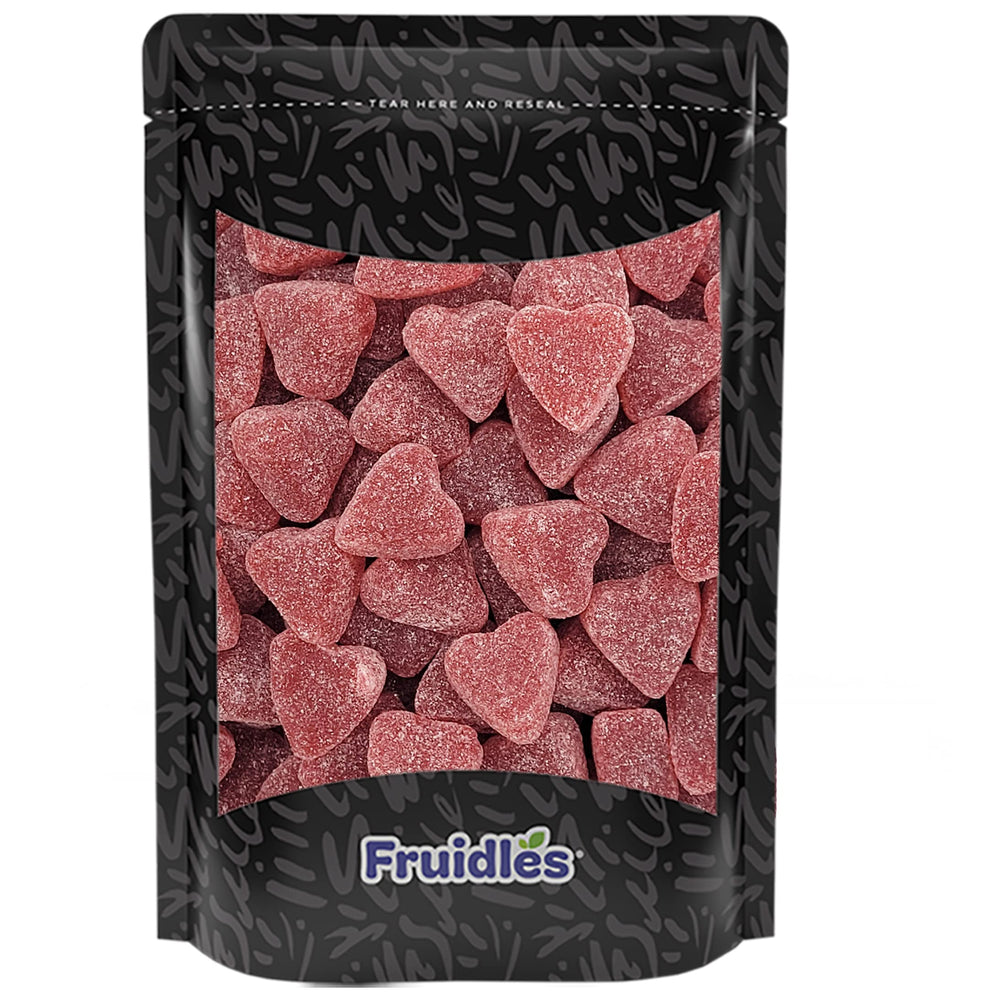 Fruidles Valentine's coated cinnamon jelly hearts packaging with resealable bag for freshness.