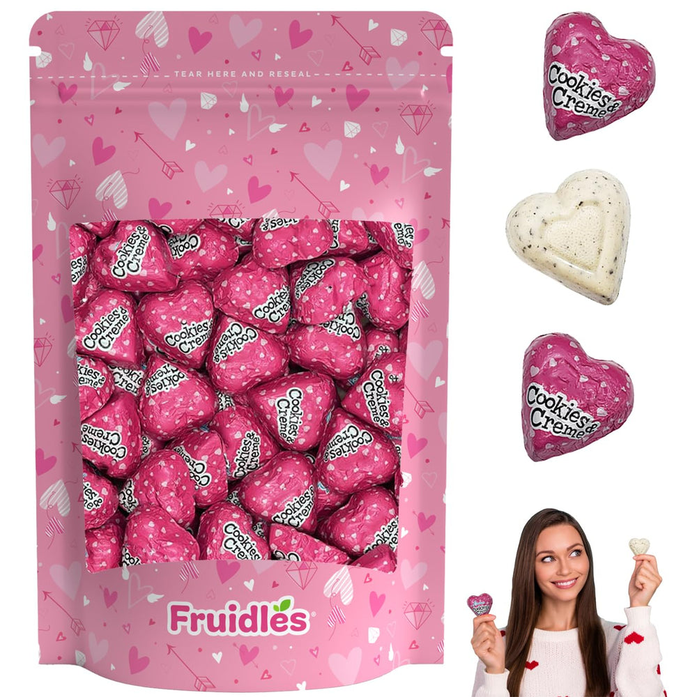 Fruidles Valentine Milky Cookies Cream Hearts in colorful foil, ideal for party favors.