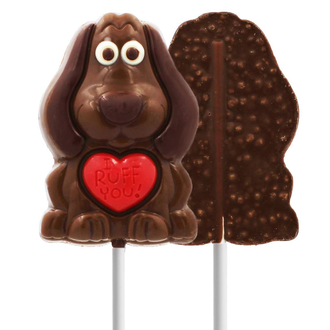 Fruidles Valentine's Puppy Lollipop colorful designs on a display tray