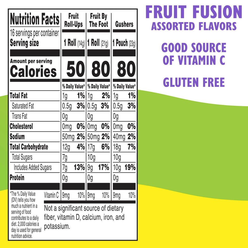 Fruit by the Foot Fruit Roll-Ups pouch display shows kid-friendly flavors.
