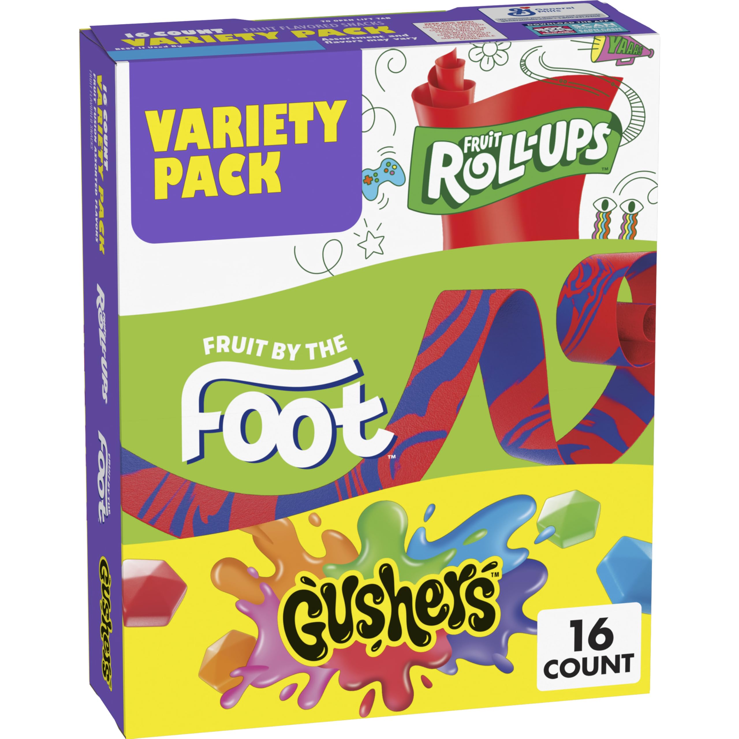 Fruit by the Foot variety pack box front with 16 pouches for easy on-the-go snacking.
