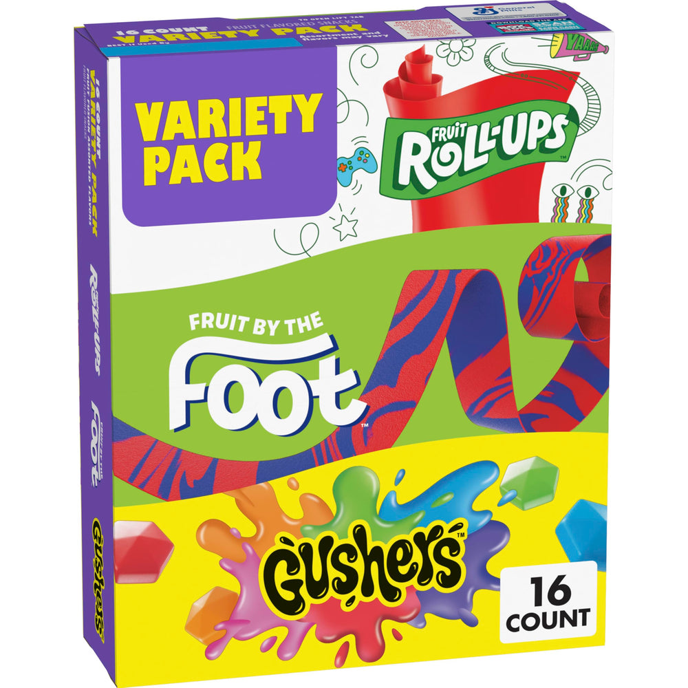 Fruit by the Foot variety pack box front with 16 pouches for easy on-the-go snacking.