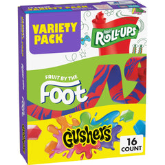 Fruit by the Foot variety pack box front with 16 pouches for easy on-the-go snacking.