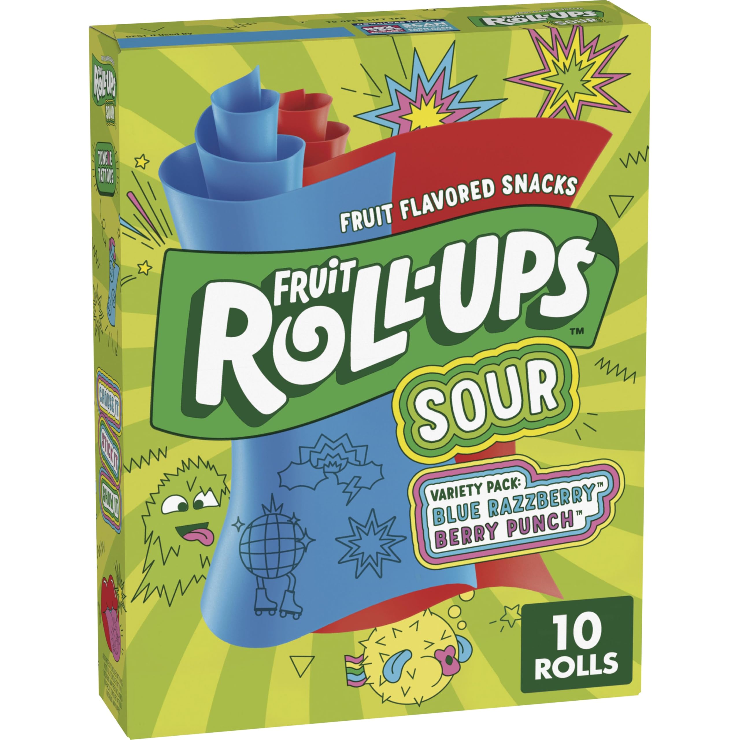 Fruit Roll-Ups Blue Razzberry pouch highlights tangy flavor for lunchbox snacking