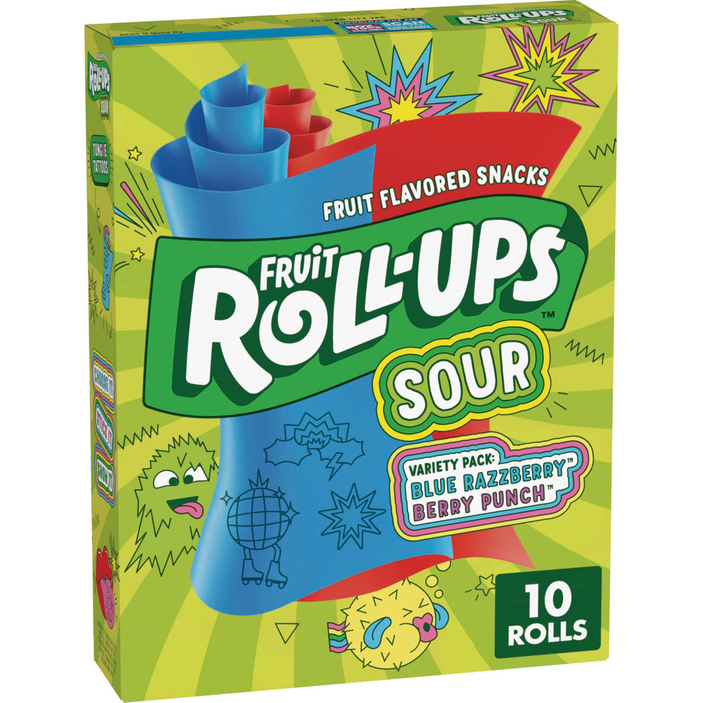 Fruit Roll-Ups Blue Razzberry pouch highlights tangy flavor for lunchbox snacking