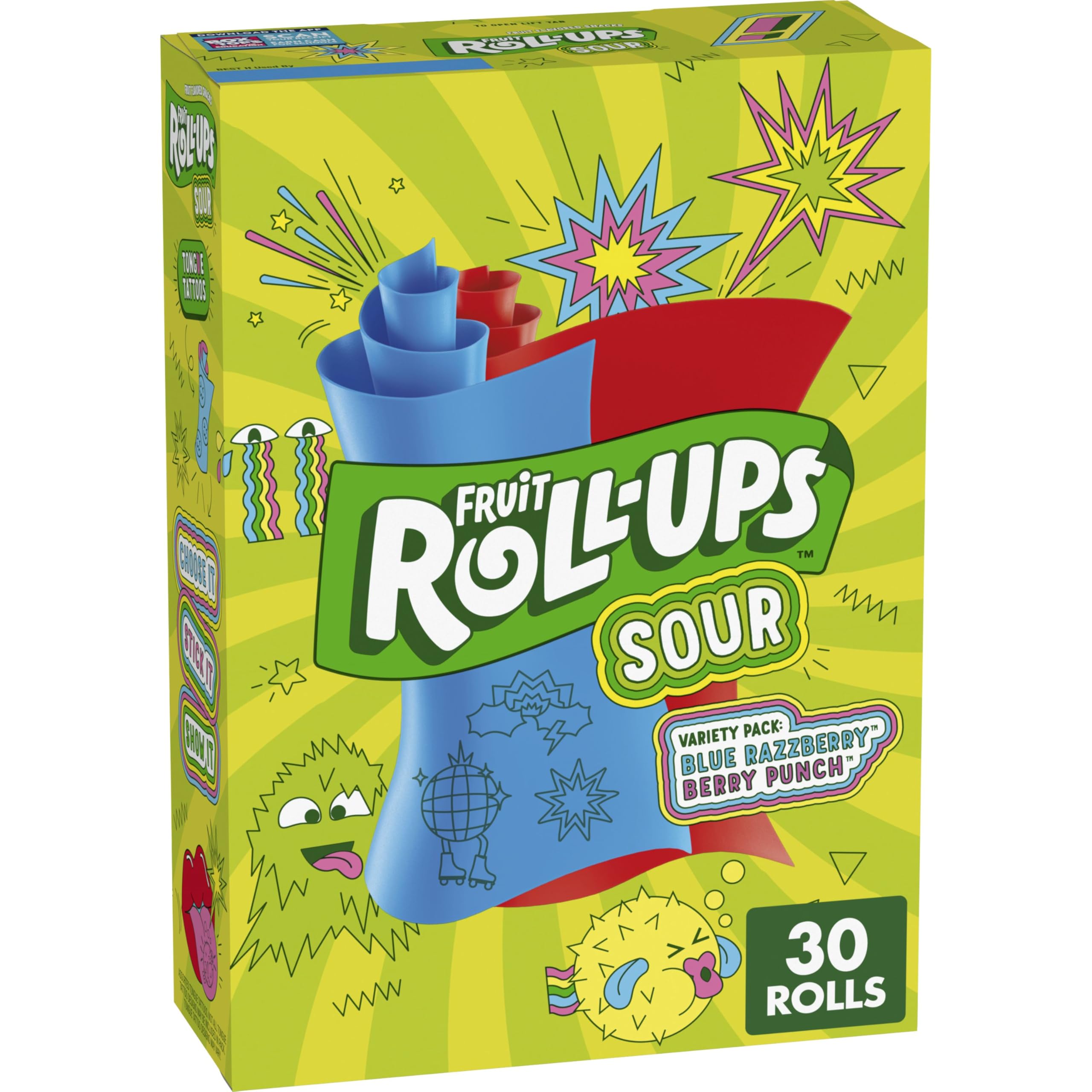 Fruit Roll-Ups Blue Razzberry sour pouch highlighting tangy flavor and fun snacking.