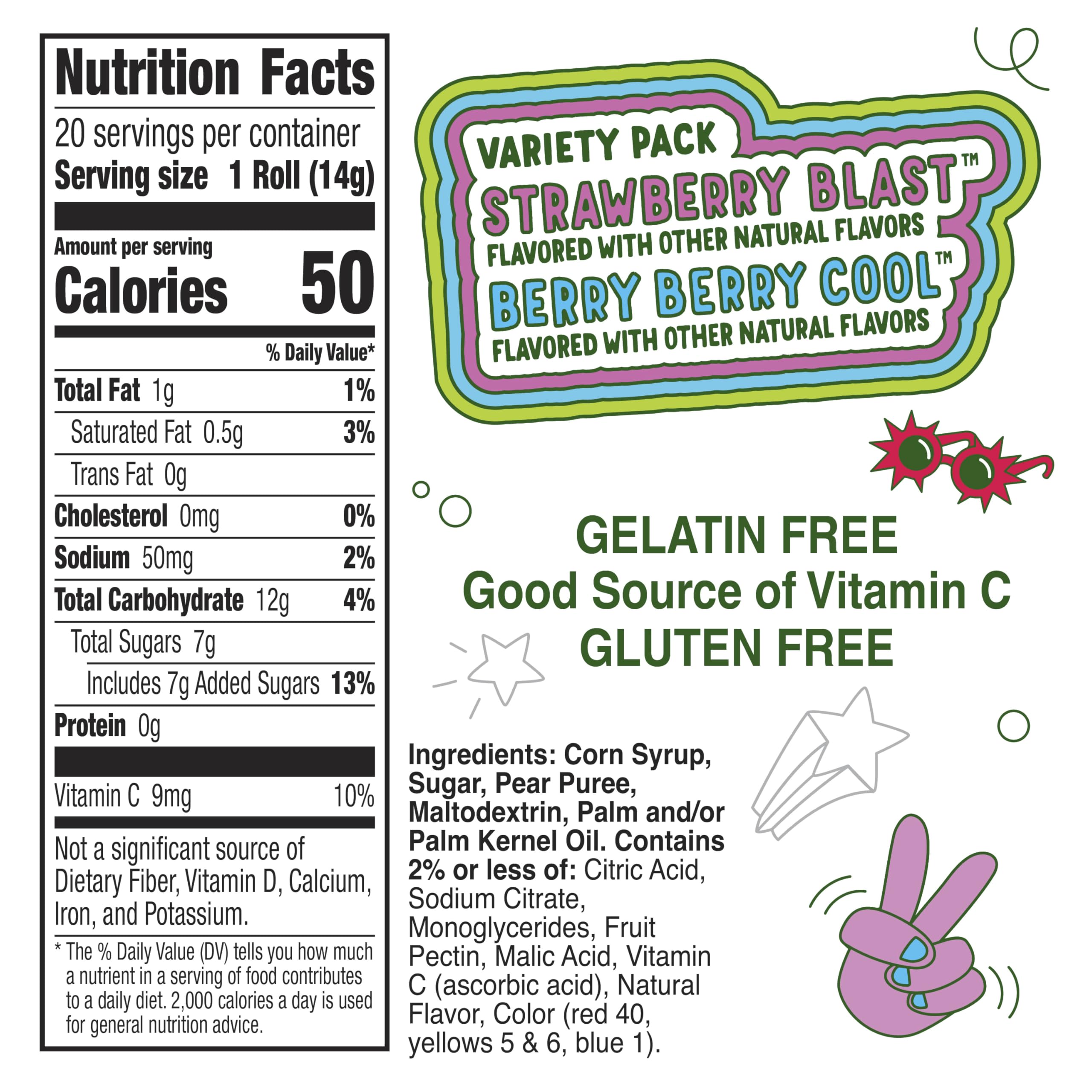 Fruit Roll-Ups strawberry-blast-flavor highlights fruity sweetness for school lunches.