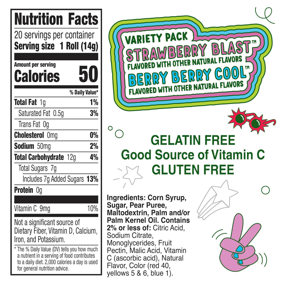 Fruit Roll-Ups strawberry-blast-flavor highlights fruity sweetness for school lunches.