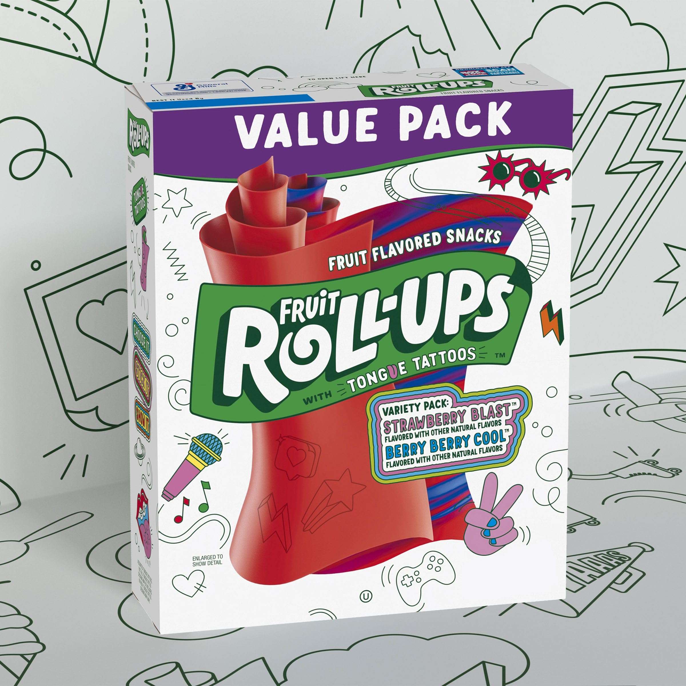 Fruit Roll-Ups tongue-tattoos illustrate playful touch on snack time.