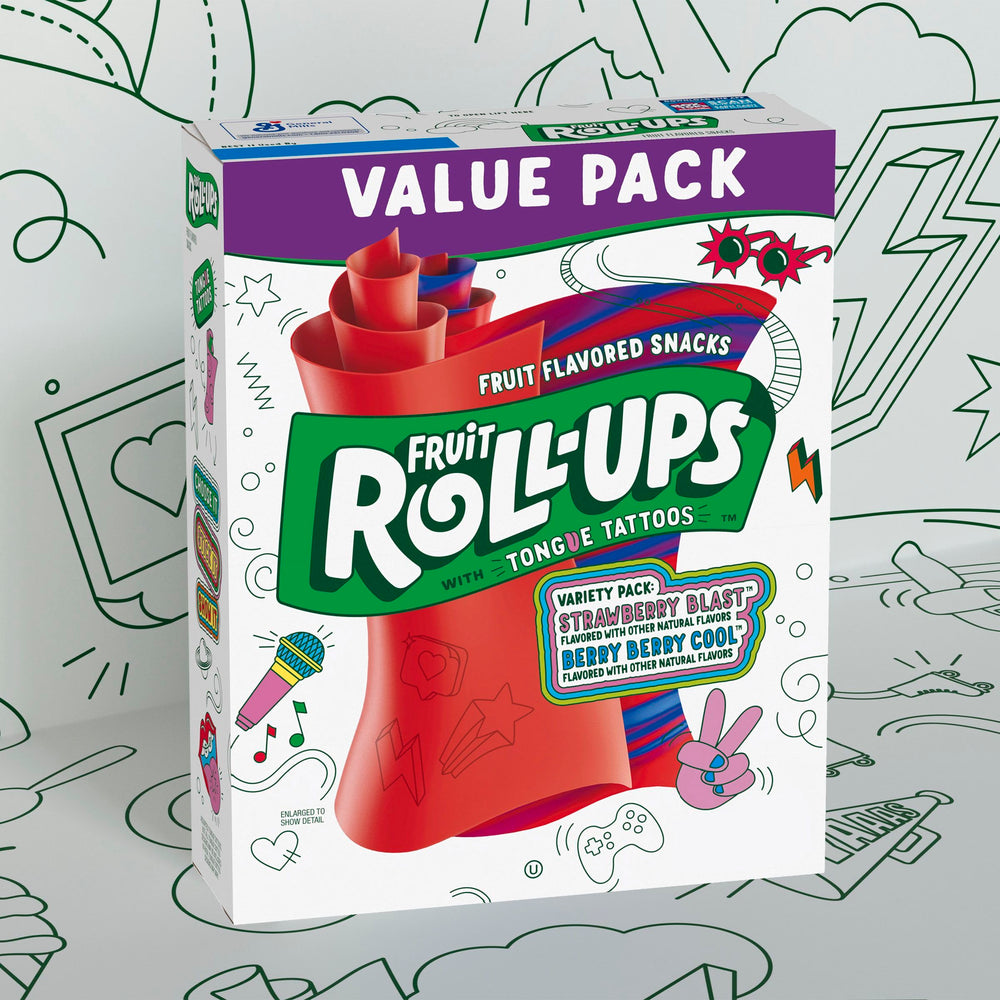 Fruit Roll-Ups tongue-tattoos illustrate playful touch on snack time.
