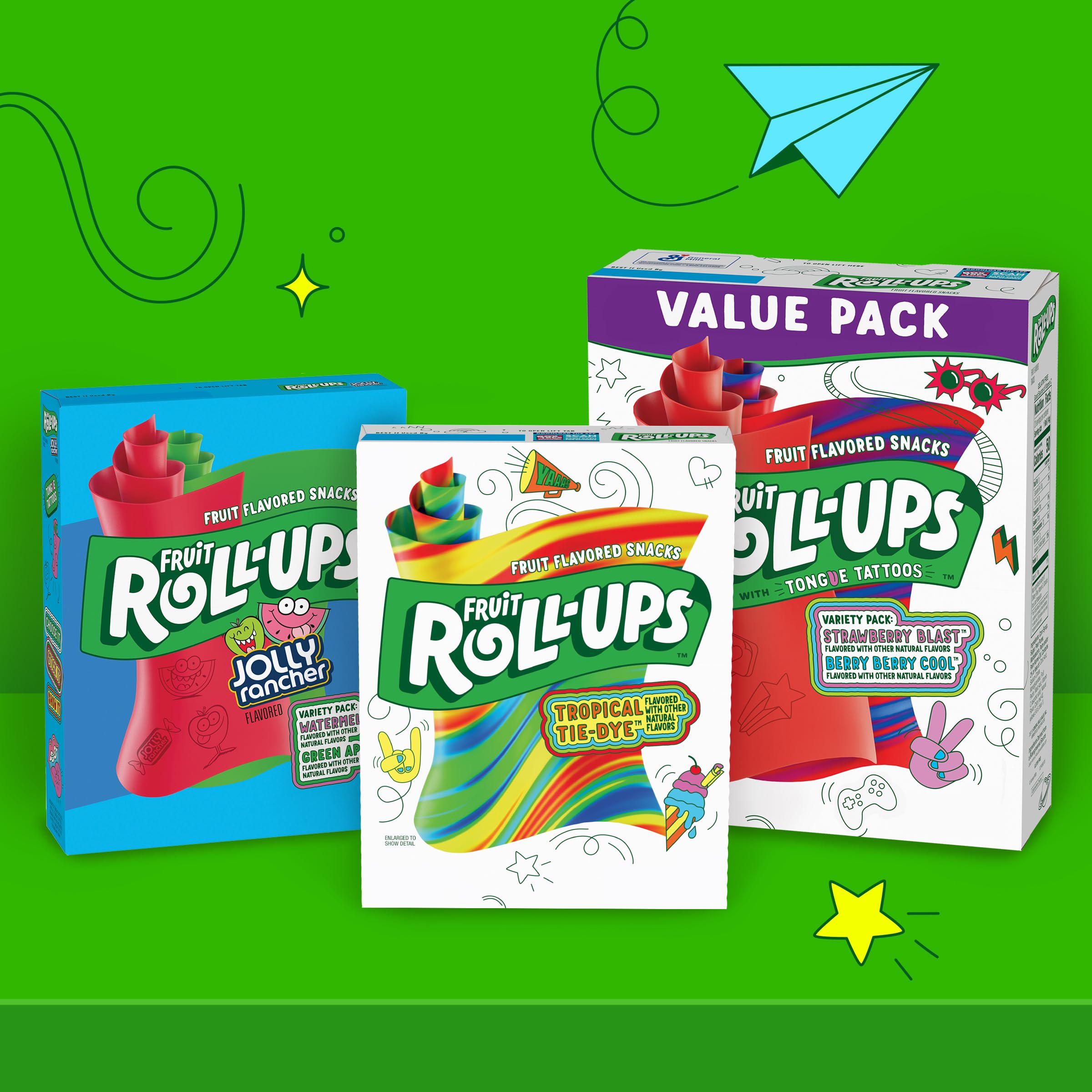 Fruit Roll-Ups Tropical Tie-Dye gelatin-free sweetness for safe snacking.