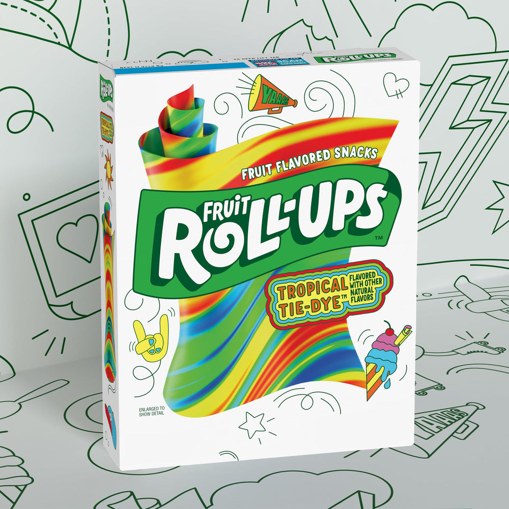 Fruit Roll-Ups Tropical Tie-Dye on-the-go packaging is ideal for travel.
