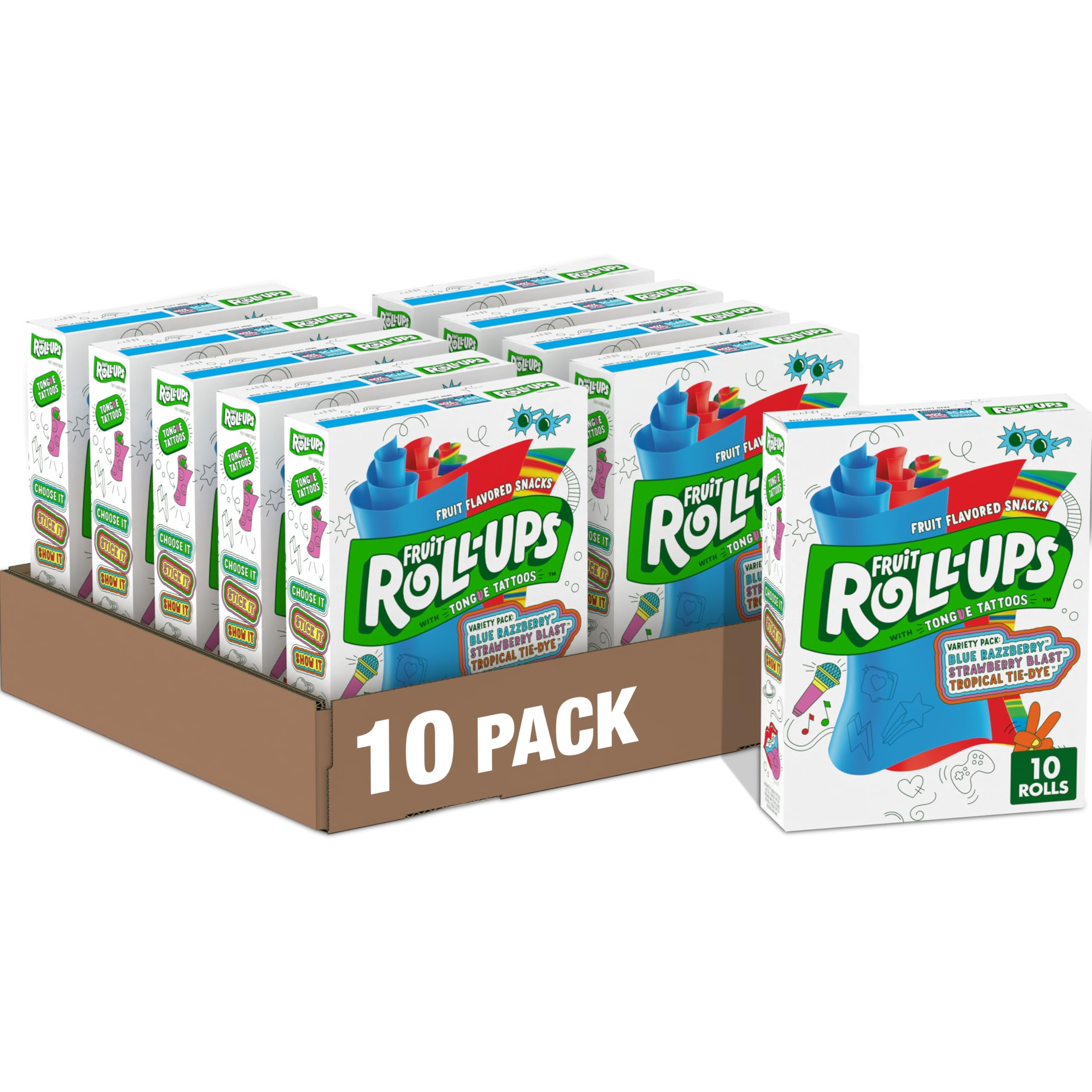 Fruit Roll-Ups variety pack pouches show colorful snacks for lunch.