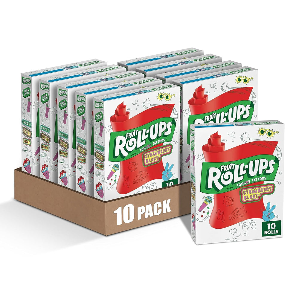 Fruit Roll-Ups Strawberry Blast pack front, convenient 10-pack for snack time.