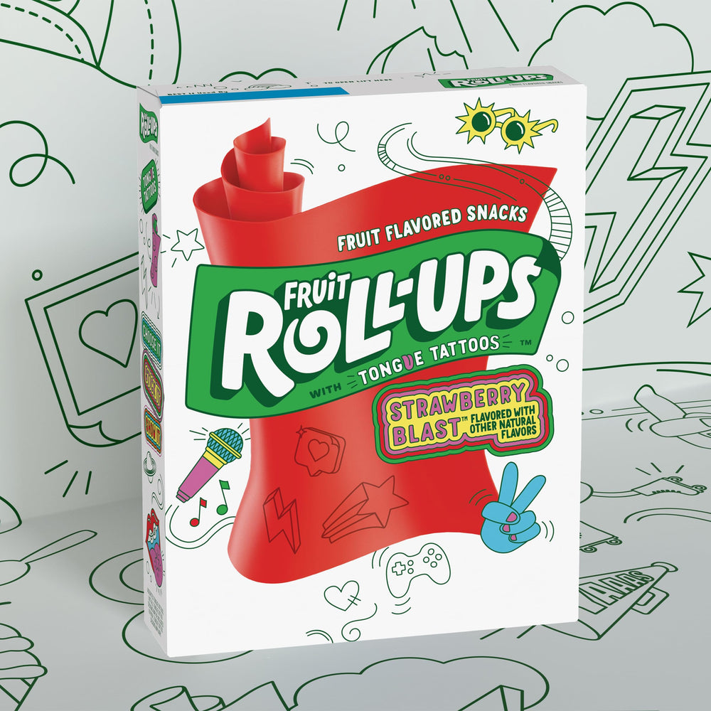 Fruit Roll-Ups Strawberry Blast rolls out, colorful fruit snacks for playful breaks.